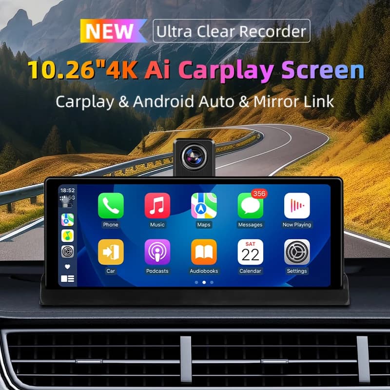 10.26 بوصة 4K Dash Cam Carplay Android Auto GPS 5G WIFI FM BT Car Dvr 350 °   مسجل محرك كاميرا شاحنة داشكام بعدسة مزدوجة الدوران - 2