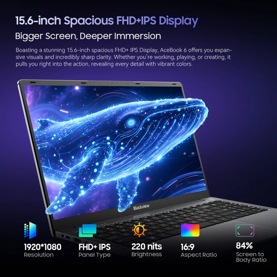 كمبيوتر محمول Blackview AceBook 6، لطلاب الأعمال، معالج رباعي النواة N150، 16 جيجابايت DDR4، 512 جيجابايت SSD، شاشة 15.6 بوصة FHD IPS - 2