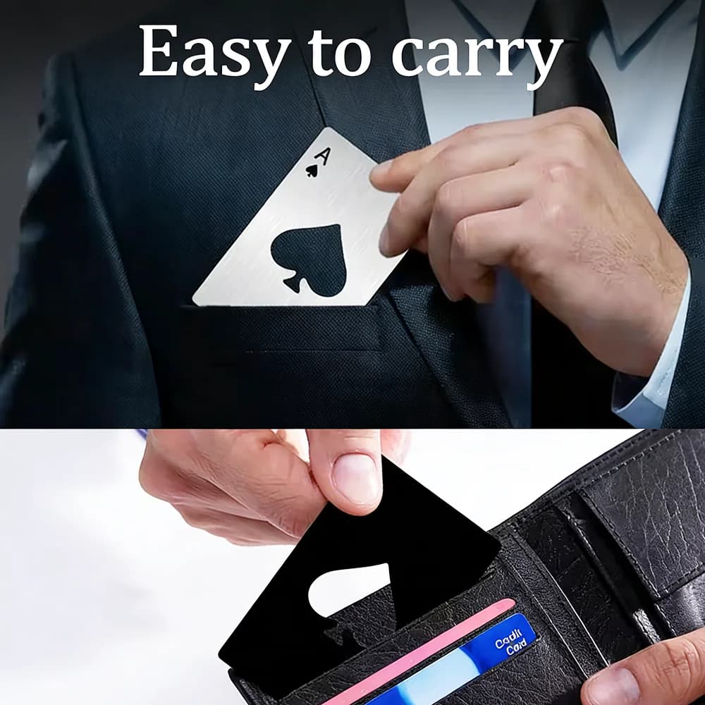 أداة جيب محمولة من الفولاذ المقاوم للصدأ فتاحة زجاجات على شكل آس الكؤوس، فتاحة أغطية مشروبات غازية وبيرة صغيرة على شكل بوكر هدية لعب الورق - 4