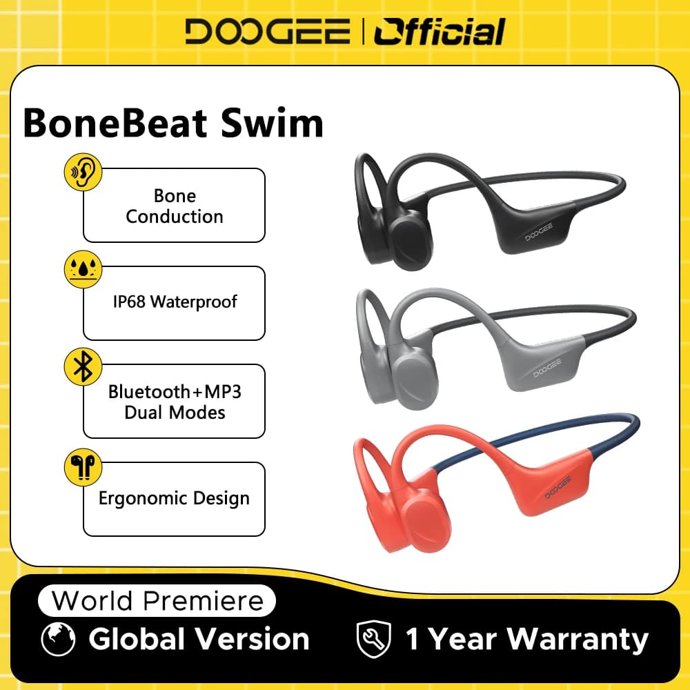 DOOGEE BoneBeat Swim Bone Conduction Headphones Bluetooth 5.4 IP68 Waterproof Wireless Sport Headset for Running, Cycling