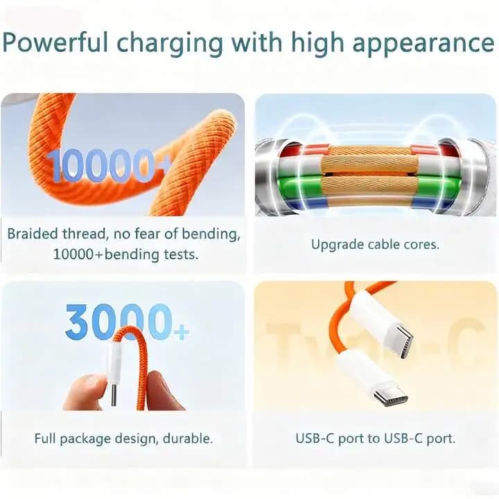 كابل شاحن سريع متوافق مع كابل بيانات شحن iPhone 17/16/15 USB-C إلى النوع C من النايلون المضفر بطول 3.3/6.6/10 أقدام - 4