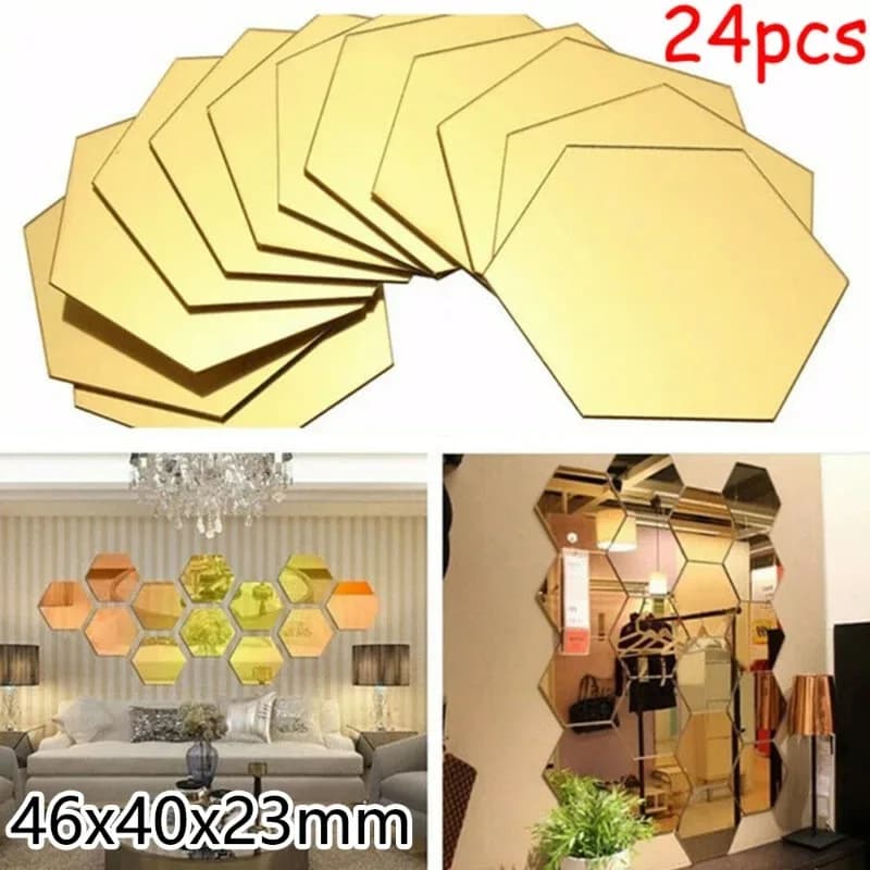 24Pcs Mirror Sticker Acrylic Wall Stickers Hex Self-Adhesive Mosaic Tiles DIY Bathroom Home Decor 3D Bedroom DIY Decal - 2