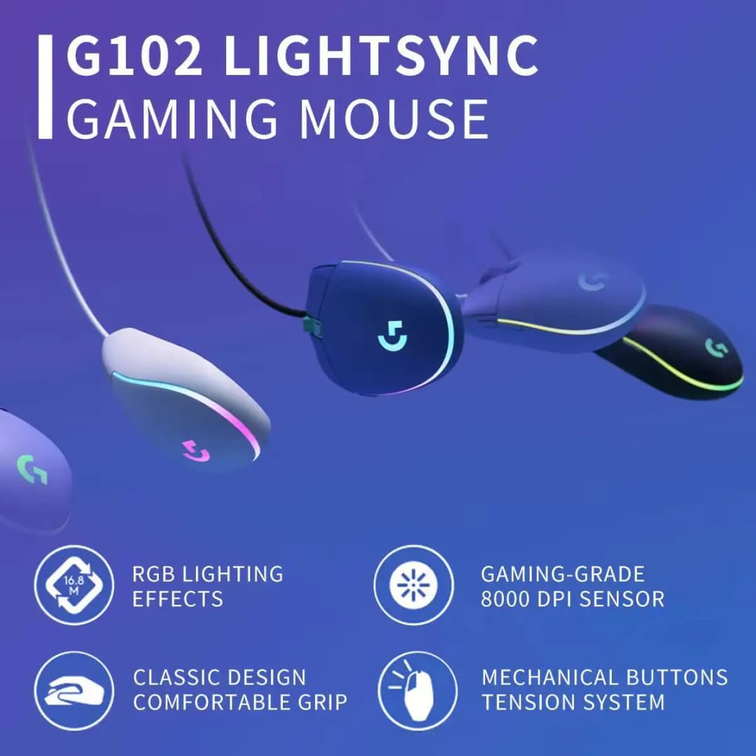 ماوس سلكي لوجيتك G102، تقنية مستشعر HERO، 16.8 مليون لون RGB، قبضة مريحة للرياضات الإلكترونية - 3