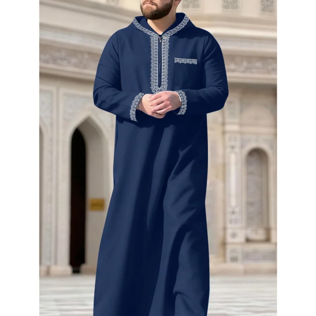 New Muslim men's long robe, Islamic hooded ethnic clothing, elegant retro MiddleEastern embroidery men's simple casual long robe