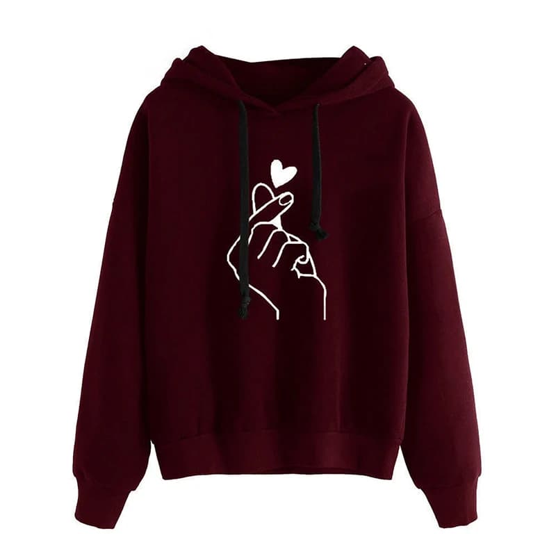 Autumn Fleece Hoodie Solid Color Finger Heart Hooded Korean Fashion Sweatshirts Long Sleeve Top Drawstring Pockets Loose Hoodies - 5