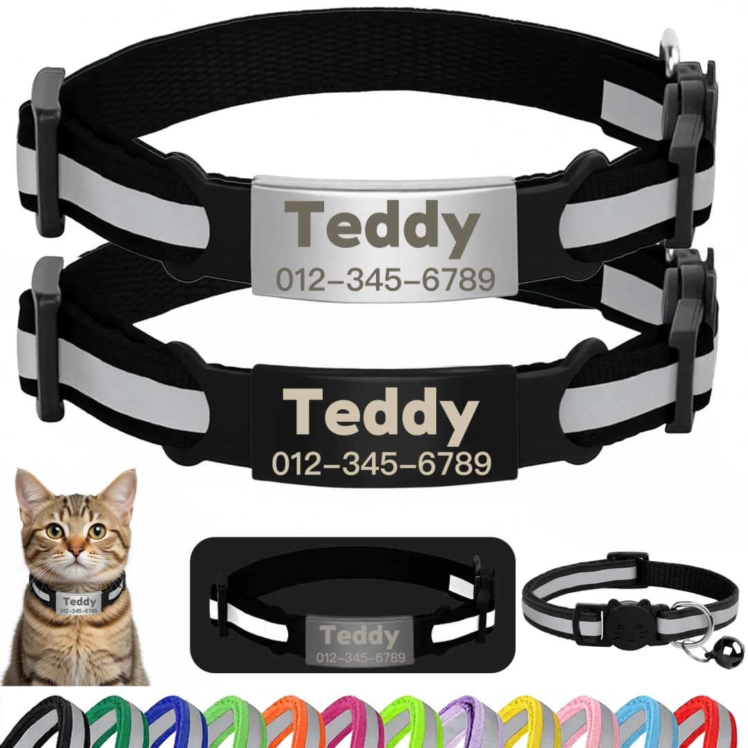 Customized Pet Collar Reflective Cat Collars Free Engraved Puppy Kitten Pet ID Nameplate Necklace With Bell Anti-lost For Cats