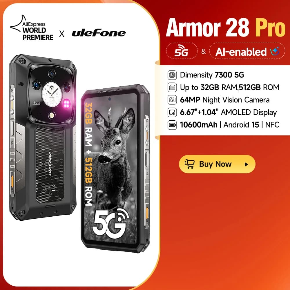 【جديد】 هاتف Ulefone Armor 28 Pro 5G AI متين ببطارية 10600 مللي أمبير وشاشة AMOLED مقاس 6.67 بوصة وكاميرا 64 ميجابكسل وسعة تخزين 512 جيجابايت وشاحن 120 واط بنظام أندرويد 15