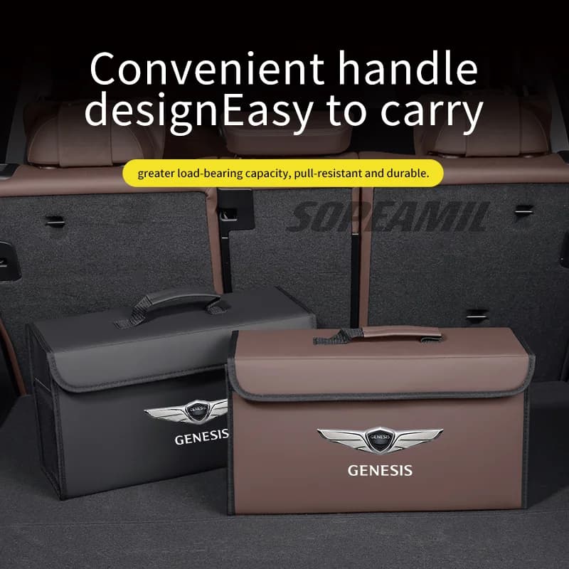 صندوق تخزين من ألياف الكربون والجلد لصندوق السيارة حقيبة قابلة للطي لسيارات Genesis G70 G80 G90 GV60 GV70 GV80 GV90 Mint EVG80 - 4