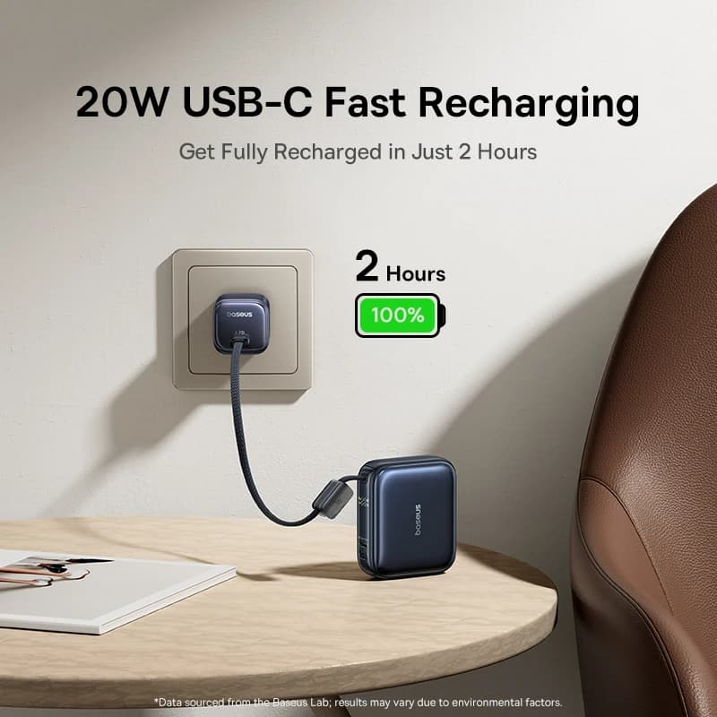 بنك طاقة Baseus ميني 45 واط 10000 مللي أمبير، كابل USB-C مدمج، حجم صغير، شحن سريع محمول لهاتف آيفون 17 وسامسونج S25 - 5