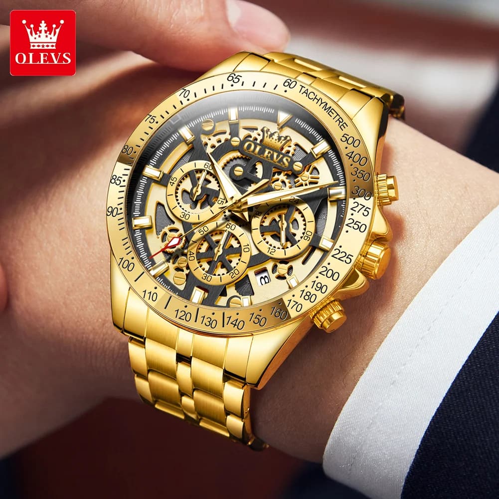 OLEVS Lxuxry Brand Gold Men's Watches Full Skeleton Stainless steel Chronograph Wristwatch Waterproof Luminous Quartz Watch Men - 3