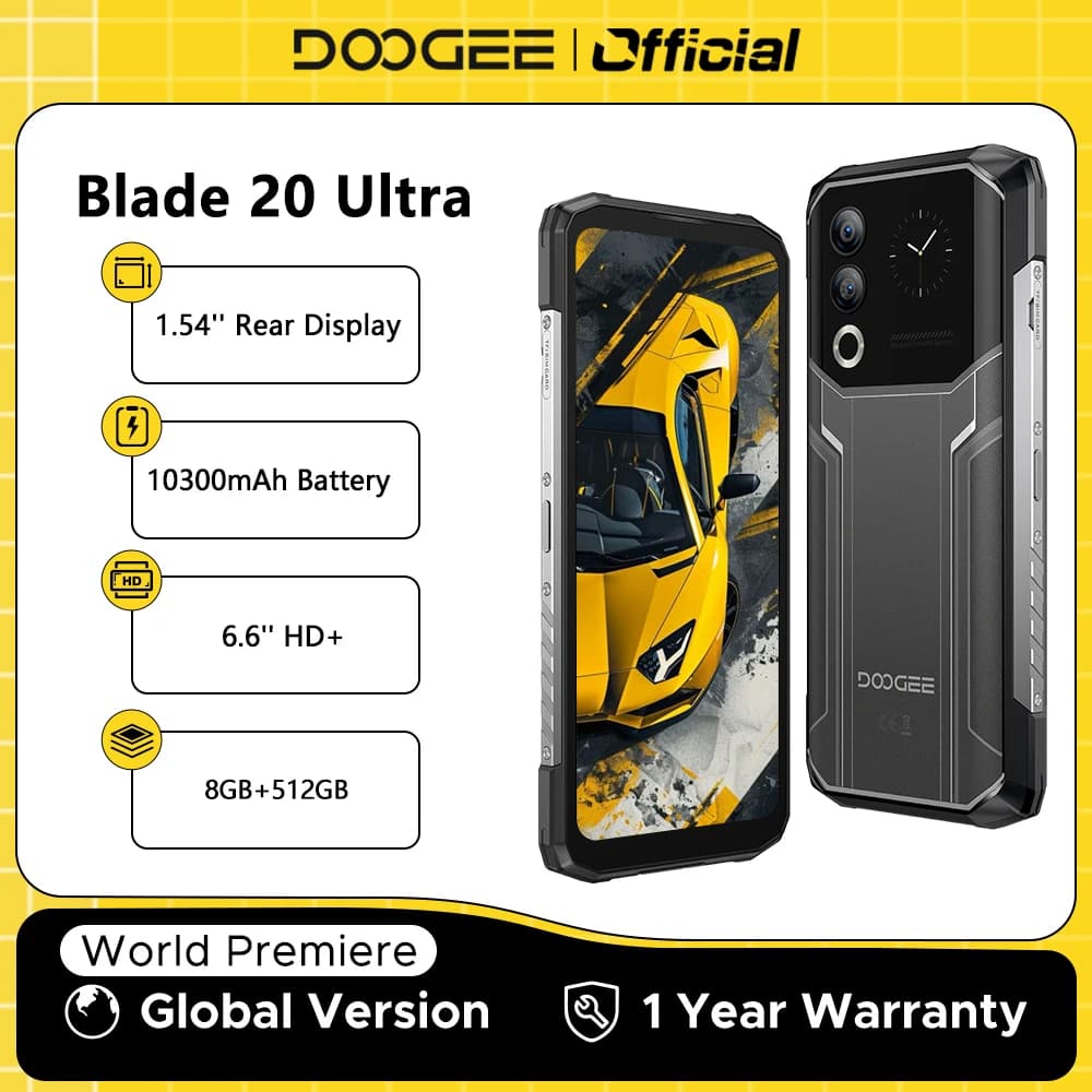 DOOGEE Blade20 Ultra Rugged Phone Global Version 1.54'' IPS Rear Display 8GB 512GB 10300mAh Battery 6.6'' Display Smartphone