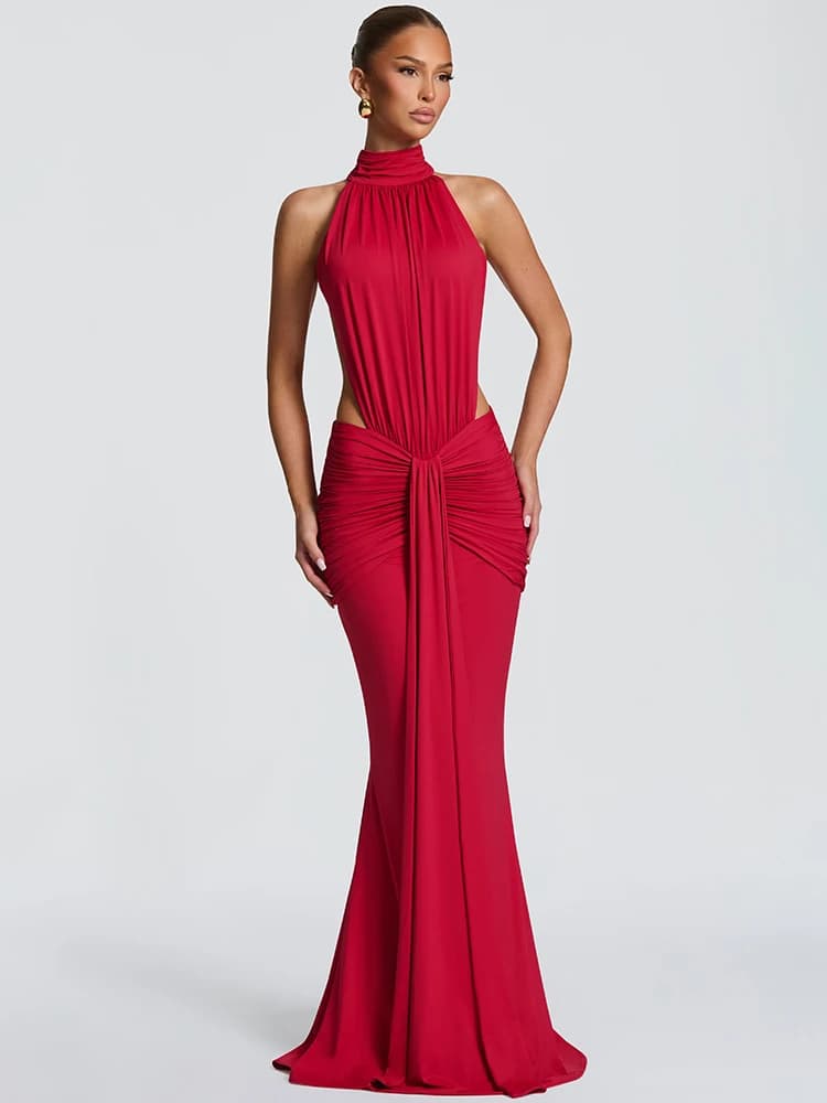 Mozision Turtleneck Backless Sexy Maxi Dress Women Gown Elegant Off-shoulder Sleeveless Ruched Bodycon Club Party Long Dress - 6