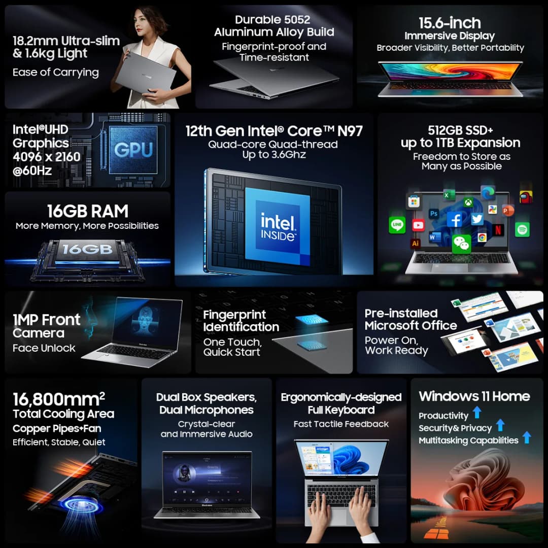 Blackview Acebook 8 Laptop 15.6''  Win 11 12th Gen Intel Core N97 processor 16GB DDR4 512GB SSD 5000mAh Battery with 36W Charge - 2