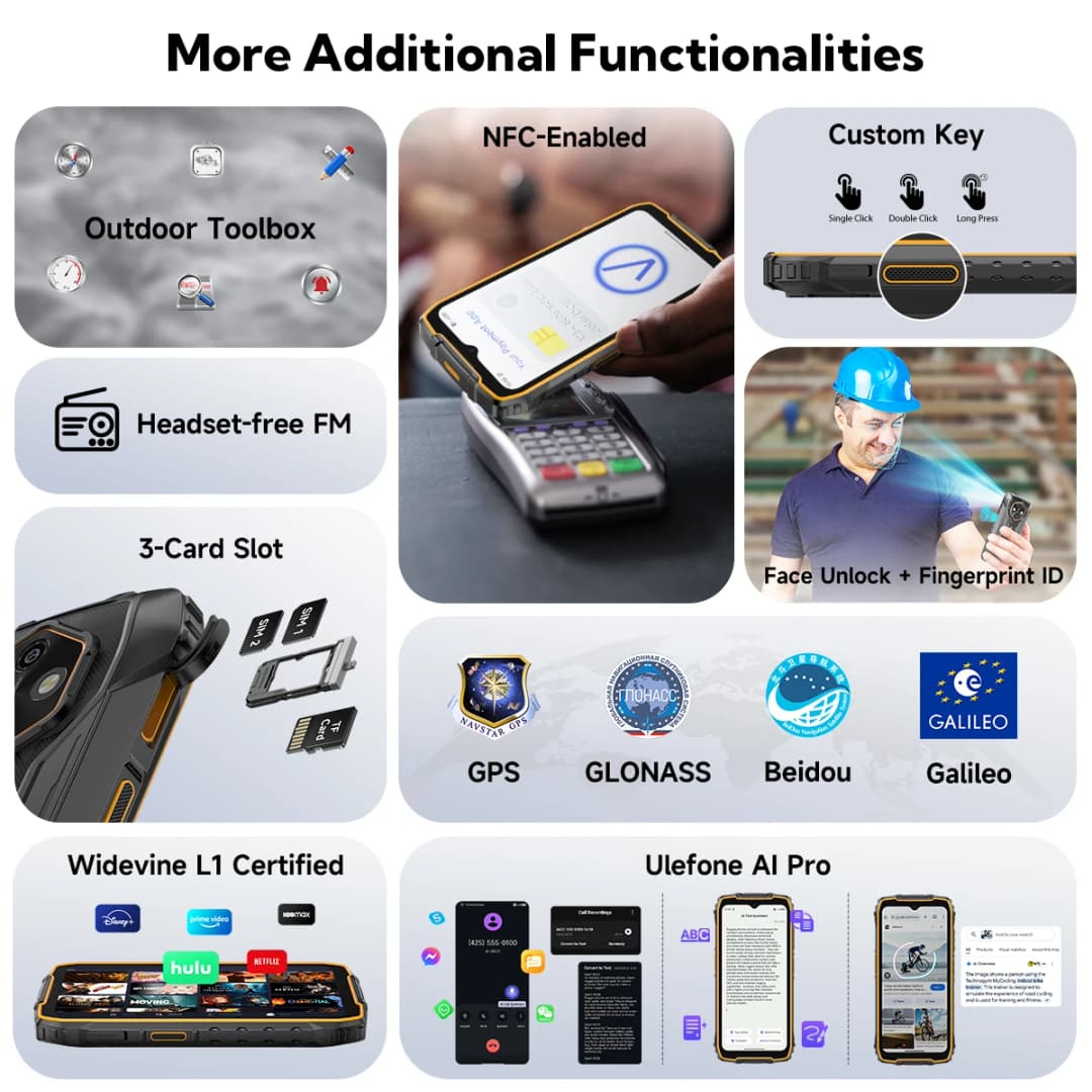 هاتف Ulefone RugKing 4 Pro متين بنظام Android 15 حتى 16 جيجابايت + 256 جيجابايت هاتف ذكي مقاوم للماء 10200 مللي أمبير في الساعة كاميرا 48 ميجابكسل NFC عالمي 6.56 بوصة 120 هرتز - 6