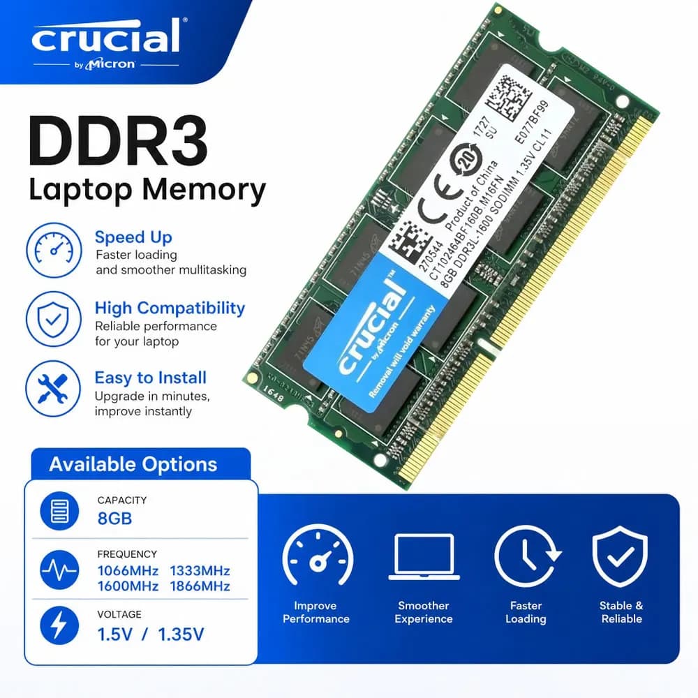 Crucial Laptop Memory RAM DDR3 DDR3L 8GB 1333 1066 1600 1866MHz PC3-8500 10600 PC3L-12800 14900 Notebook 1.35V 1.5V SODIMM RAMs