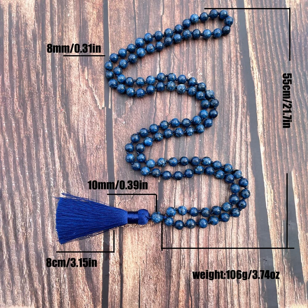 8mm Lapis Lazuli Colored Stone Knotted 108 Mala Bead Necklace Meditation Prayer Rosary Japamala Jewelry for Men and Women - 2