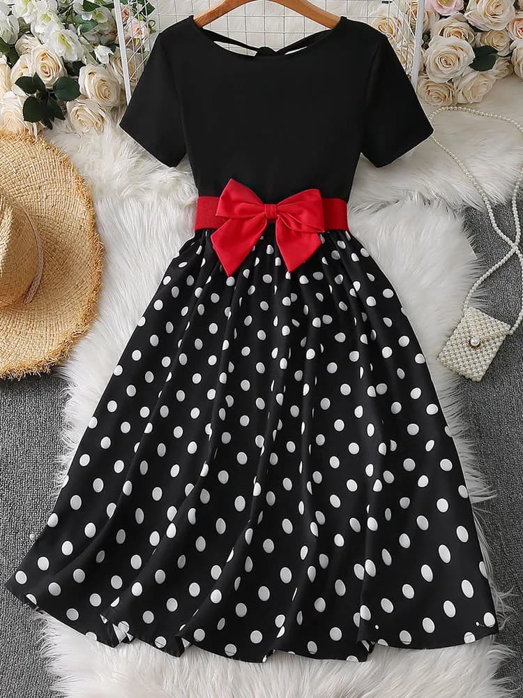 Retro Polka Dot Dress for Women Short Sleeve High Waist with Bow Belt Elegant Printed Fashion