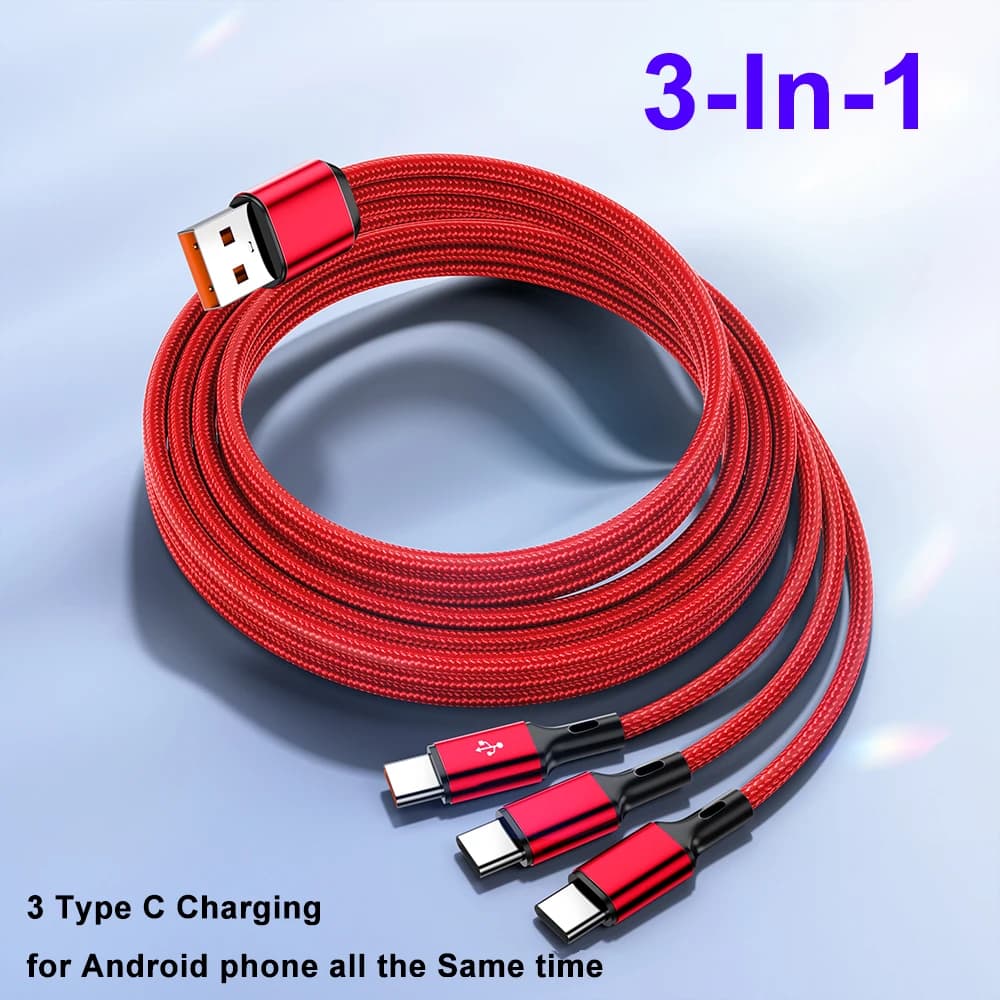 3 in1 USB to 3×Type - C Cable 100W 6A fast charge for Samsung S24 Xiaomi Huawei android phone usb c High-speed data transmission - 4