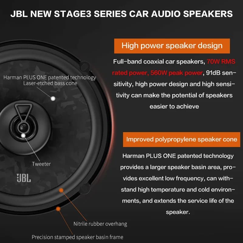 سماعة سيارة JBL، سماعة محورية مقاس 6.5 بوصة، طاقة 560 واط، سماعة ستيريو بترددات عالية ومتوسطة وサブ ووفر، سماعة سيارة JBL أصلية - 2