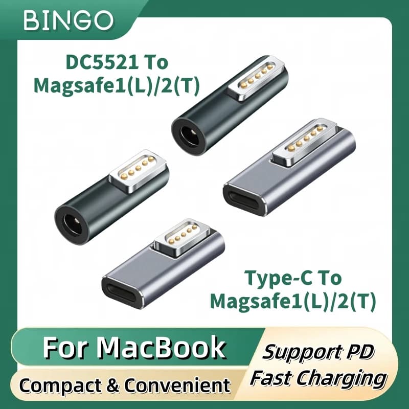 رأس شحن مغناطيسي من النوع C أنثى / DC5211 إلى Magsafe 1L / 2T لجهاز MacBook Air / Pro 45W 60W 85W Serie Like A1466,A1398,A1286...