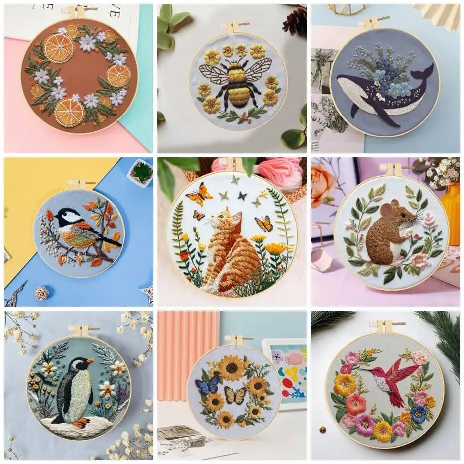 1 قطعة لوازم تطريز يدوية DIY - نمط حيوانات (فراشة، طيور، نحل، قطة) - عدة تطريز للمبتدئين - هدية حرفية فريدة