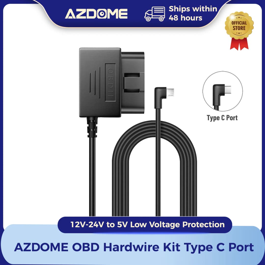 AZDOME مجموعة أسلاك صلبة OBD لكاميرا السيارة مع منفذ Type-C، يدعم وضع وقوف السيارات، تحويل 12V-24V إلى 5V، كابل طاقة مع حماية الجهد المنخفض