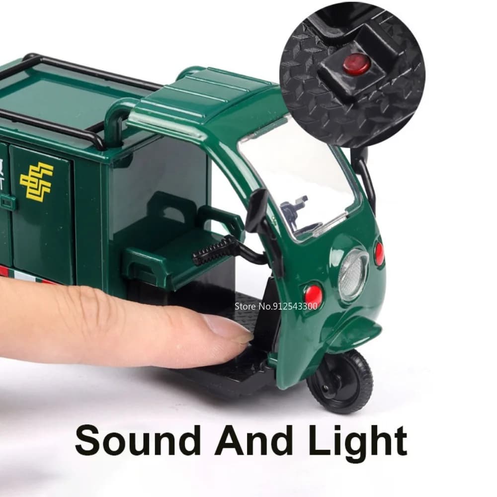 نموذج سيارة توصيل سريع ثلاثية العجلات 1/32 لعبة عجلات أمامية قابلة للتوجيه صوت وإضاءة سحب للخلف نماذج مركبات هدايا للأطفال - 3