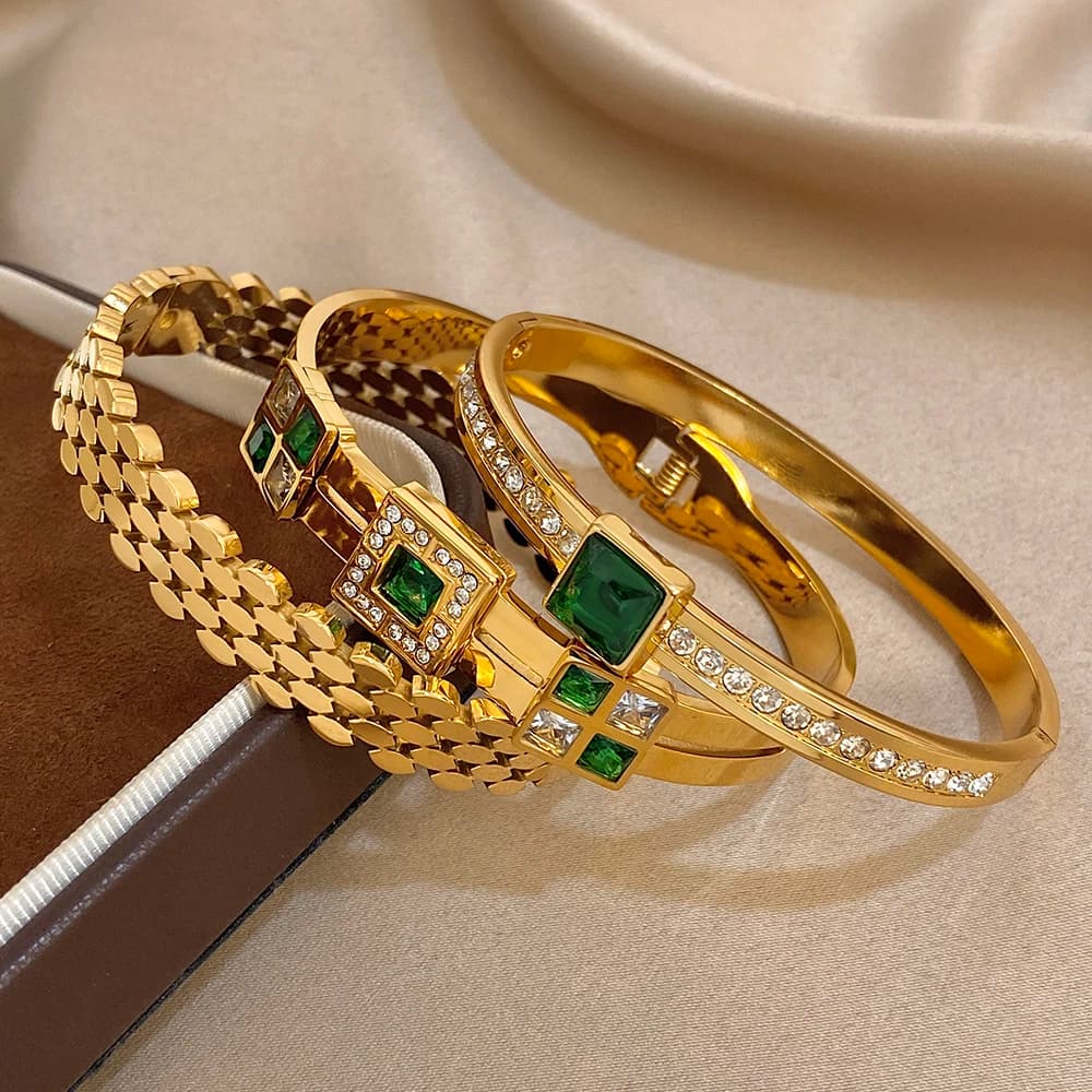 Greatera Light Luxury Style Green Square Zirconium Series Cuff Bracelet Unique Stainless Steel Artistic Exaggerate Women Bangle - 2