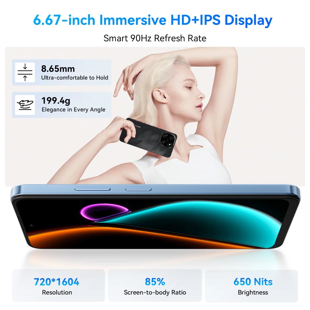 هاتف بلاك فيو كولور 6 الذكي بشاشة 6.67 بوصة، معالج MTK G81، ذاكرة وصول عشوائي 8 جيجابايت، ذاكرة داخلية 128 جيجابايت/256 جيجابايت، كاميرا 50 ميجابكسل، بطارية 5000 مللي أمبير، أندرويد 15 - 5