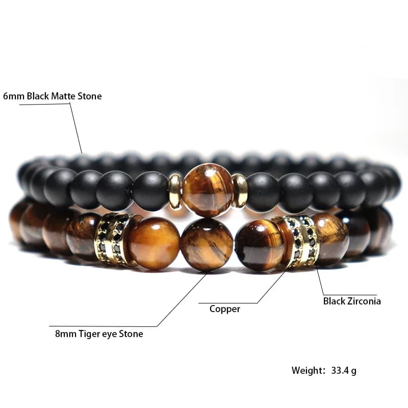 Fashion 2Pcs Men Bracelet Set Natural Tiger eye Beads Stone Braslet Luxury Zirconia Wrap Braclet Leisure Accessories Pulseria - 4