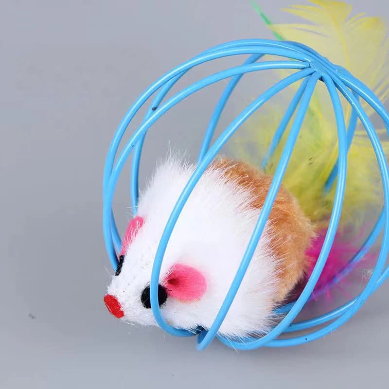 Cage Mice Ball Plush Simulation Colored Mouse Interactive Cat Toys Caged Mouse Ball Feather Wand Durable Plush Teaser - 4