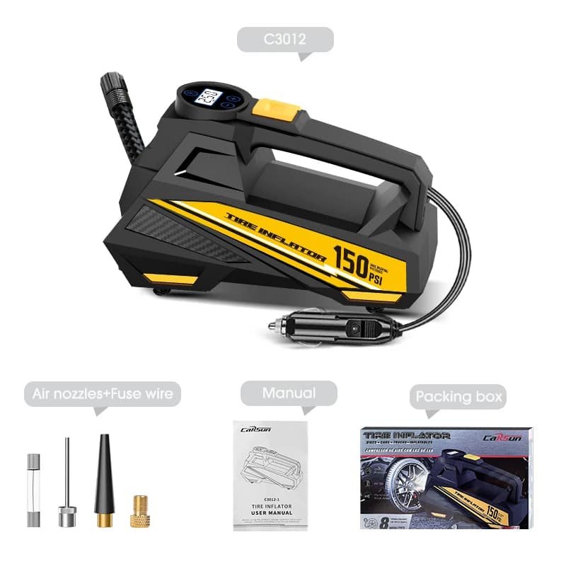 مضخة هواء محمولة للسيارات من CARSUN، مضخة نفخ إطارات كهربائية محدثة 12V 150PSI، ضاغط هواء للدراجات النارية والهوائية - 6