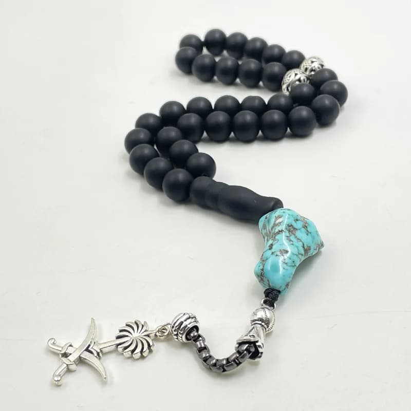 تسبيح أسود غير لامع حجر عقيق طبيعي تركي موضة معدنية سبحة صلاة سوار شرابات هدية - 6