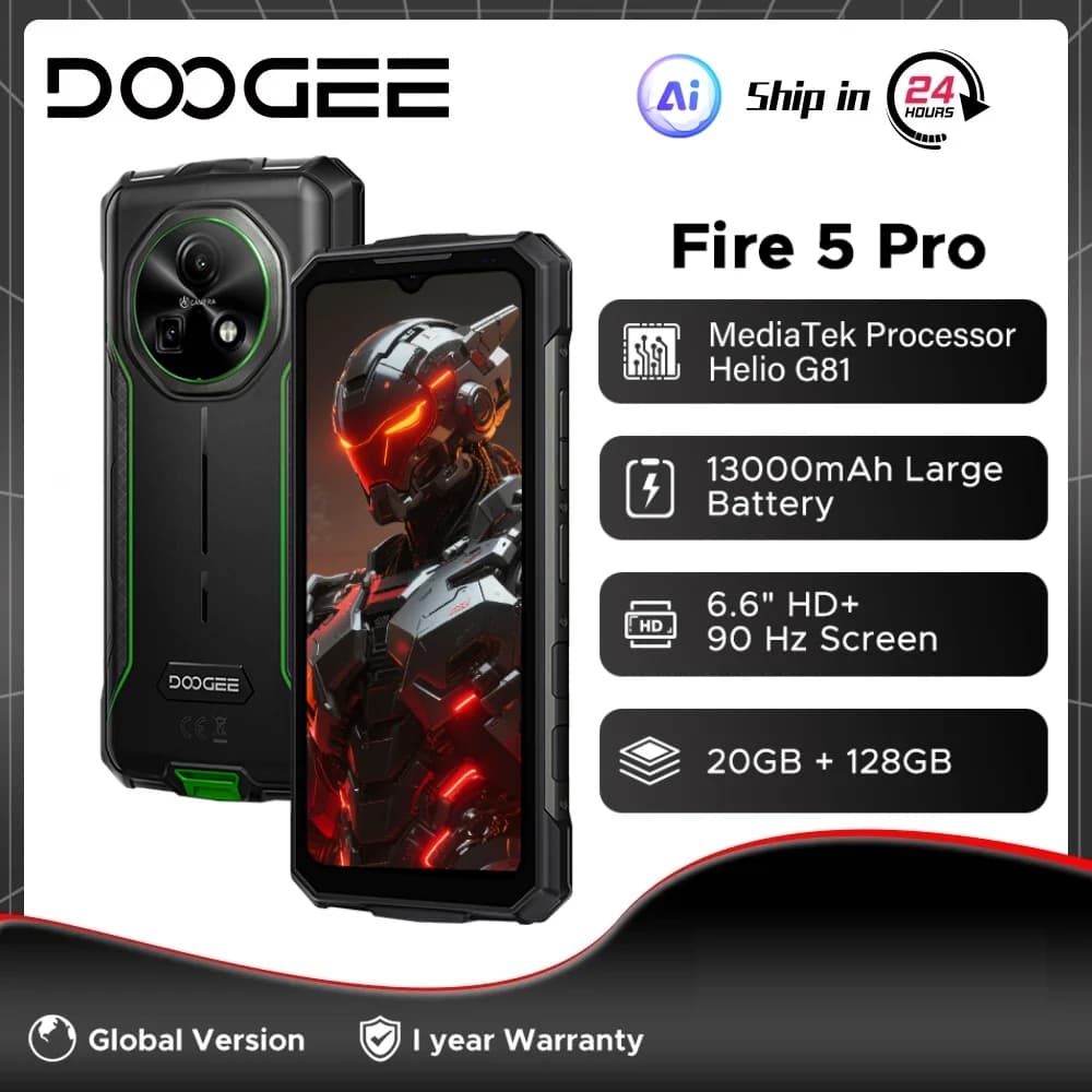 الإصدار العالمي DOOGEE Fire 5 Pro هاتف متين MTK Helio G81 بطارية كبيرة 13000 مللي أمبير في الساعة 20 جيجابايت + 128 جيجابايت 6.6 بوصة HD+ NFC 13 ميجابكسل أندرويد 15