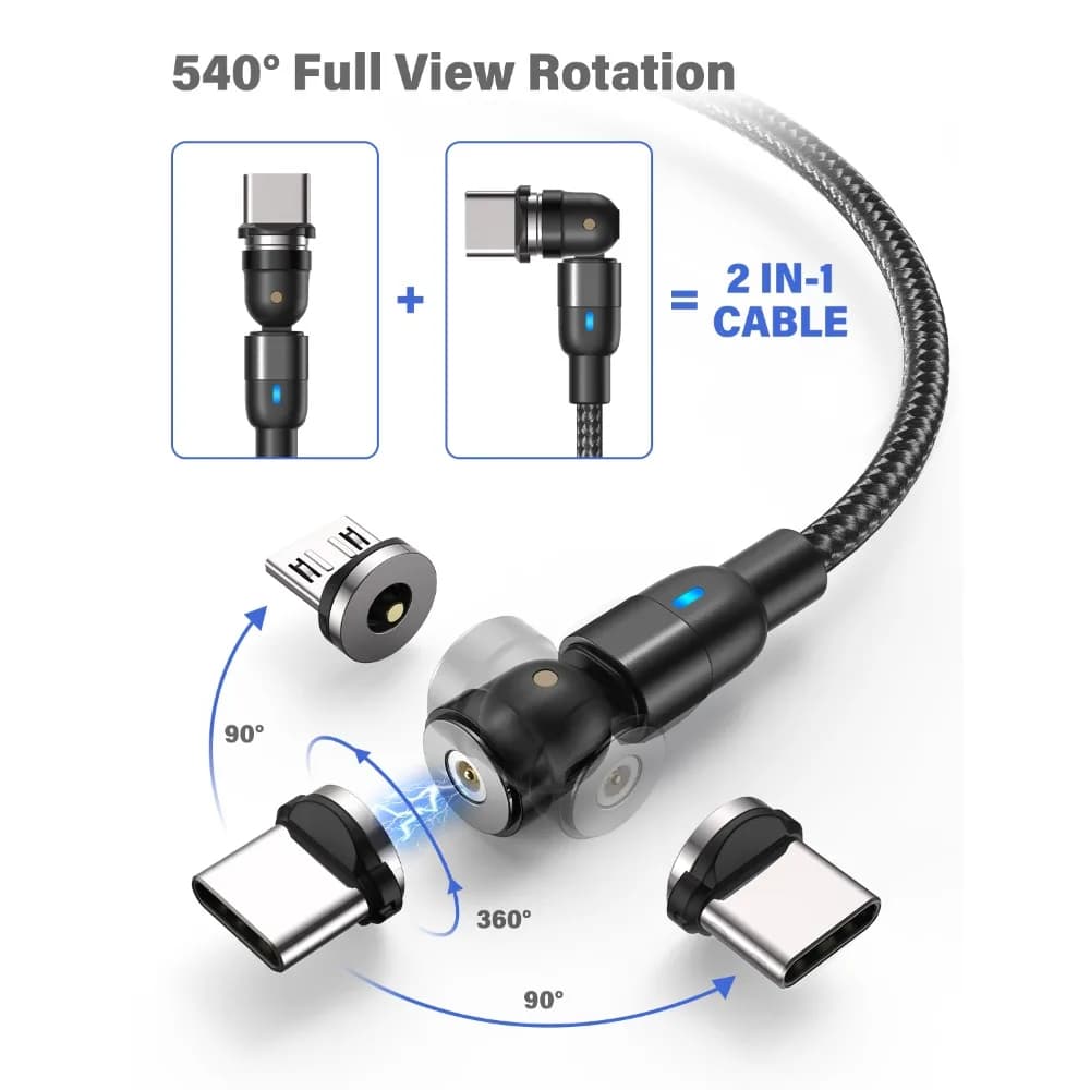 كابل مغناطيسي دوار AUFU 540 Type C 3 في 1 كابل شحن سريع لأجهزة آيفون وشاومي وسامسونج وهواوي مايكرو USB سلك شحن مغناطيسي - 2