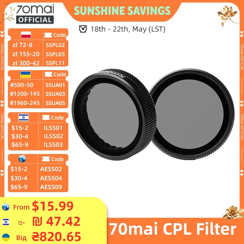 Original 70mai CPL Filter for 70mai Dash Cam 4K A800SE/A510/A800S/A500S/A200/Lite2 D10/Lite D08 Lens Filter Lens Cap