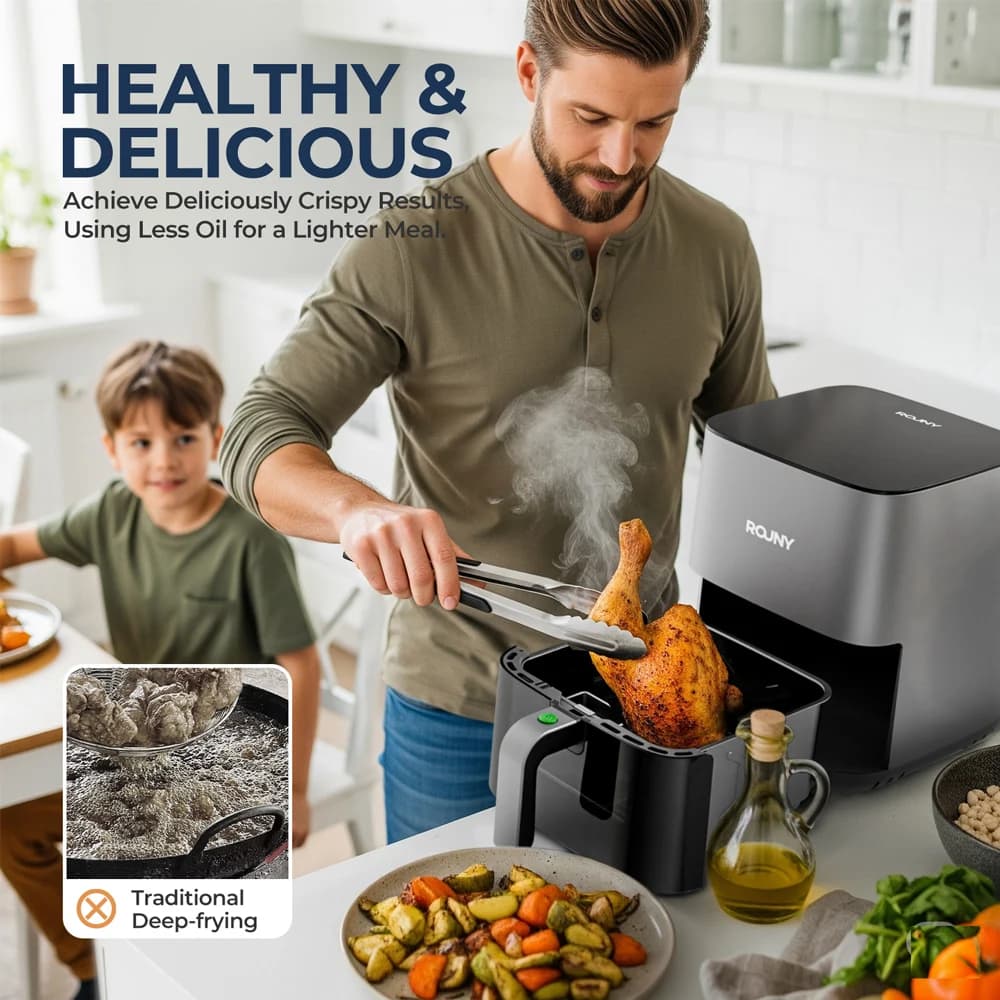 ROUNY Air Fryer 5L, Electric Hot Fryer Oven Oilless Cooker with Touch Control & Nonstick Basket & Visible Window, Family Size - 4