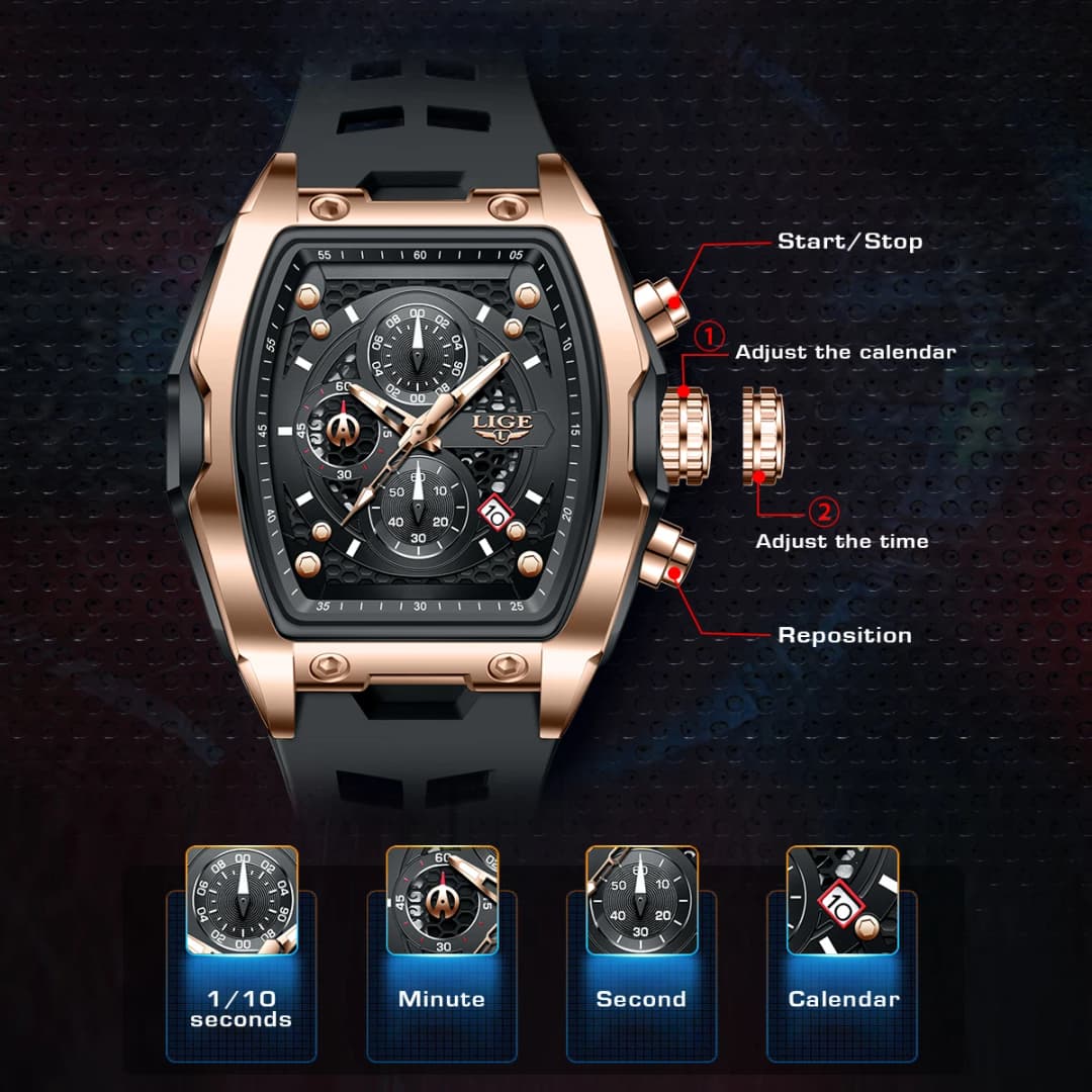 LIGE Men's Business Watch Waterproof Luminous Chronograph Date Quartz Movement Silicone Strap Wristwatch in Male+Box Packaging - 5