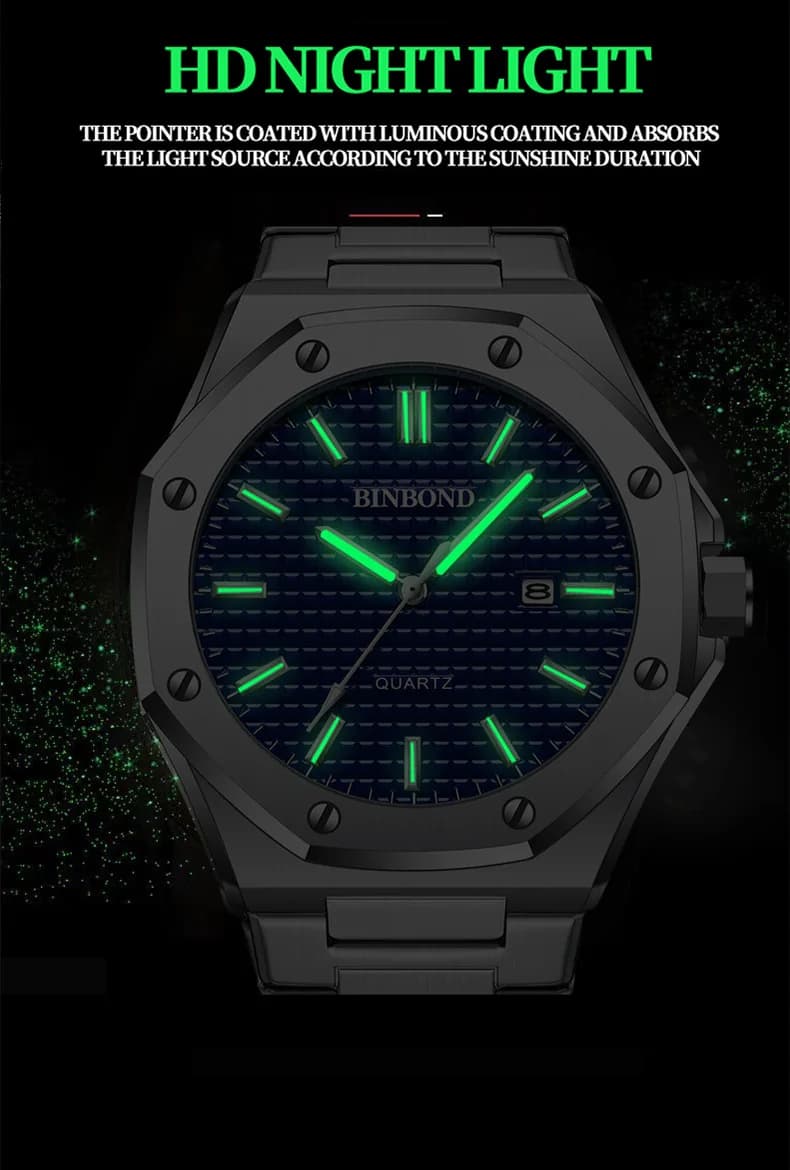 ساعات عادية للرجال من BINBONG، تصميم عصري، ميناء كبير، فولاذ مقاوم للصدأ فضي، تقويم، كوارتز، علامة تجارية رائدة - 4
