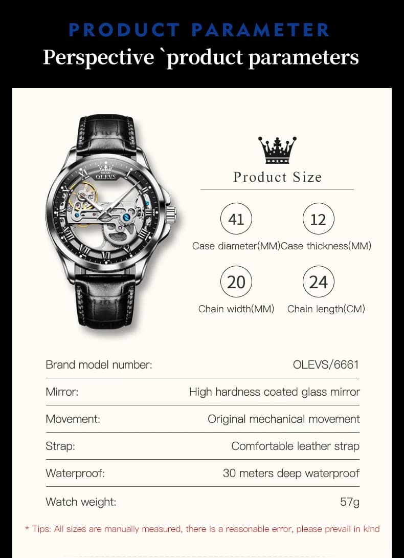 ساعة أوليفس 6661 هيكل عظمي شفاف بالكامل طارة دوارة ميكانيكية أوتوماتيكية للرجال حزام جلدي ساعة يد رجالية فاخرة أصلية - 6