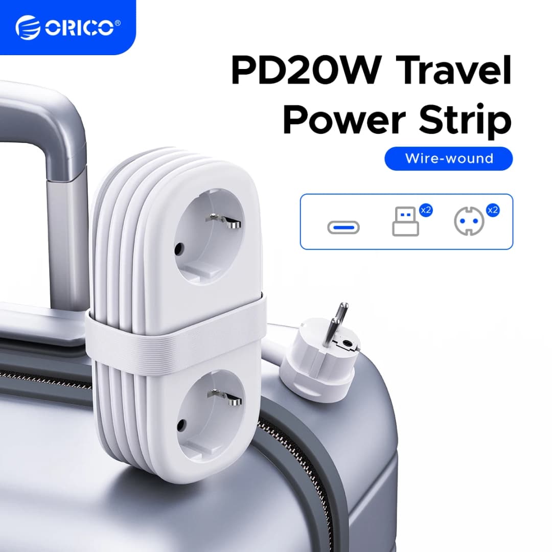 ORICO شريط طاقة كهربائي 20 واط بقابس EU مع مخرجين التيار المتردد ومنفذين USB ومنفذ Type-C وكابل تمديد 1.53 متر مقبس ذكي للمنزل/السفر