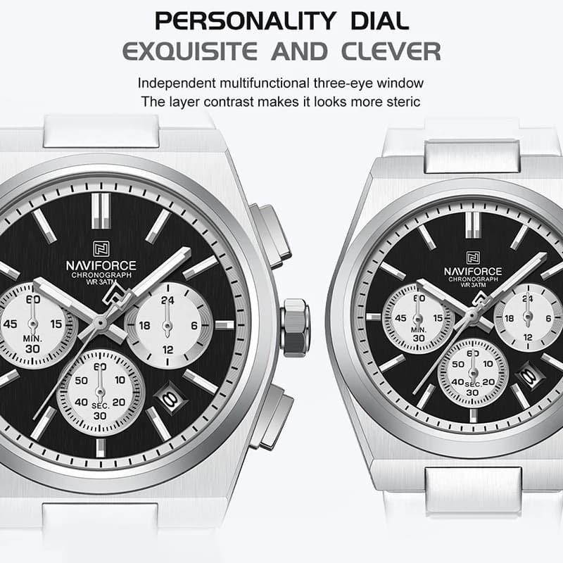 ساعة NAVIFORCE Trend من الفولاذ المقاوم للصدأ للزوجين، كوارتز مع عرض التاريخ، كرونوغراف للعشاق، مقاومة للماء، ساعة يد عصرية - 5