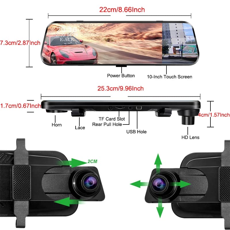 كاميرا سيارة A20P بشاشة 10 بوصة، 1080P، رؤية ليلية، تعمل باللمس، مع مرآة رؤية خلفية اختيارية، وتسجيل حلقي - 5