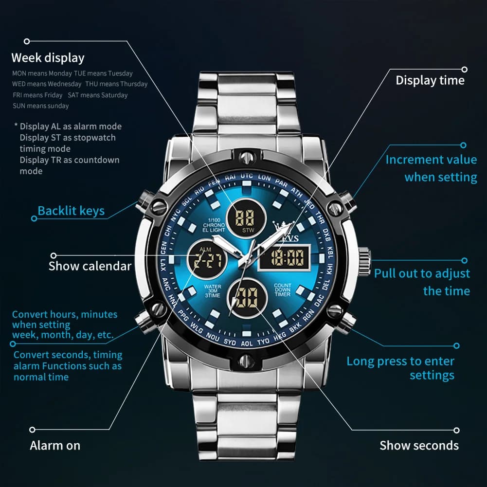 OLEVS Men's Watches Original Multifunctional Wlectronic Watch for Man Waterproof Luminous Alarm Clock Fashion Dress - 4