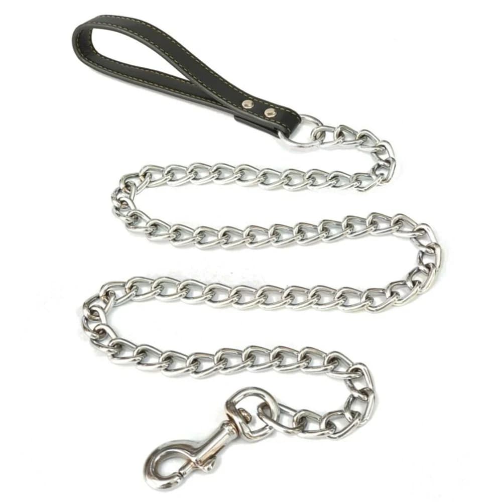 Metal Chain Dog Lead With Leather Style Handle Strong Control Leash Iron Dog Pets Supplies Collars Harnesses - 2