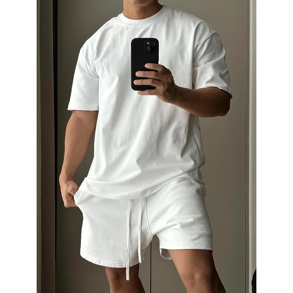 Men's Pure Cotton Short Sleeved Shorts Set, Trendy European and American High Street Loose Sports and Leisure T-shirt - 2