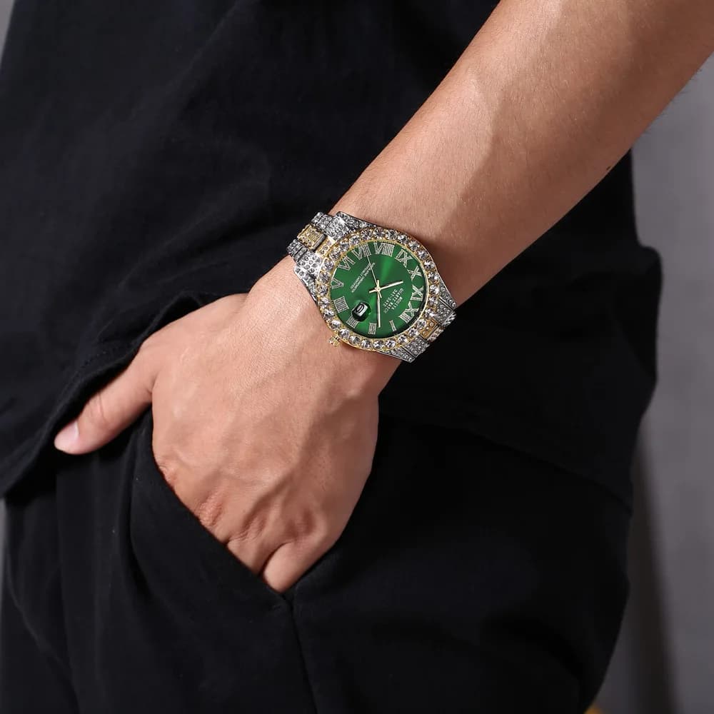 Hot Sale Diamond Bling Watch Men Gold Color Luxury Gift Quartz Watches Male Clock Dropshipping  Rhinestone Calendar Wristwatch - 2