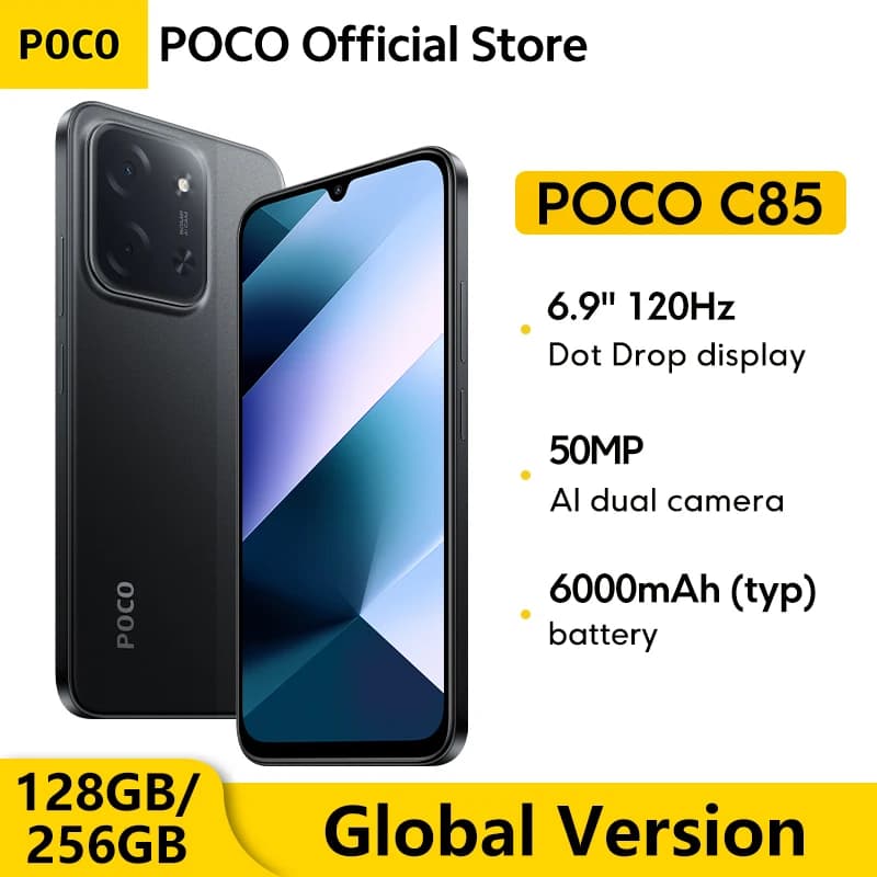 هاتف POCO C85 نسخة عالمية 128 جيجا بايت 256 جيجا بايت MTK Helio G81-Ultra 6.9 بوصة شاشة Dot Drop كاميرا رئيسية 50 ميجابكسل بطارية 6000 مللي أمبير شحن 33 واط