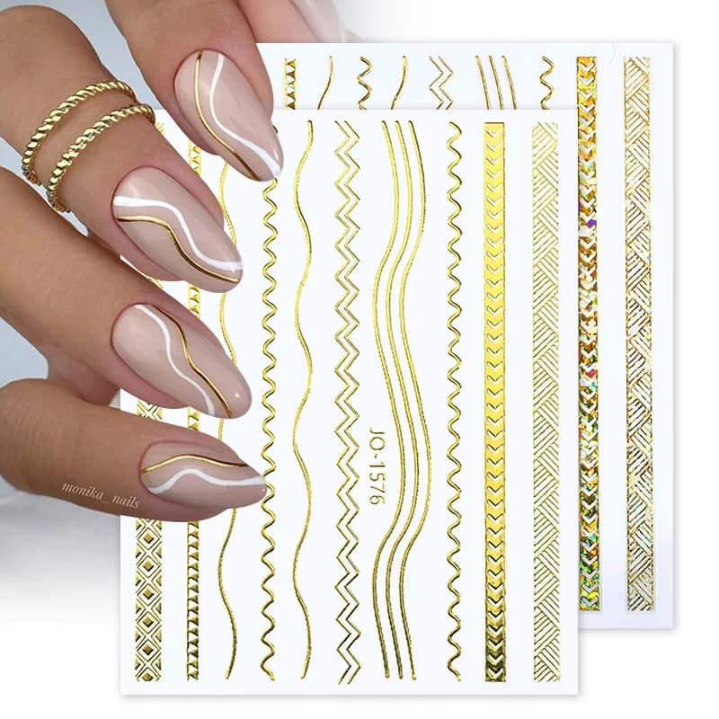 3D Nail Stickers Bronzing Gold Silver Lines Stripe Geometric Design Flowers Gradient Adhesive Slider Papers Nail Art Accessories