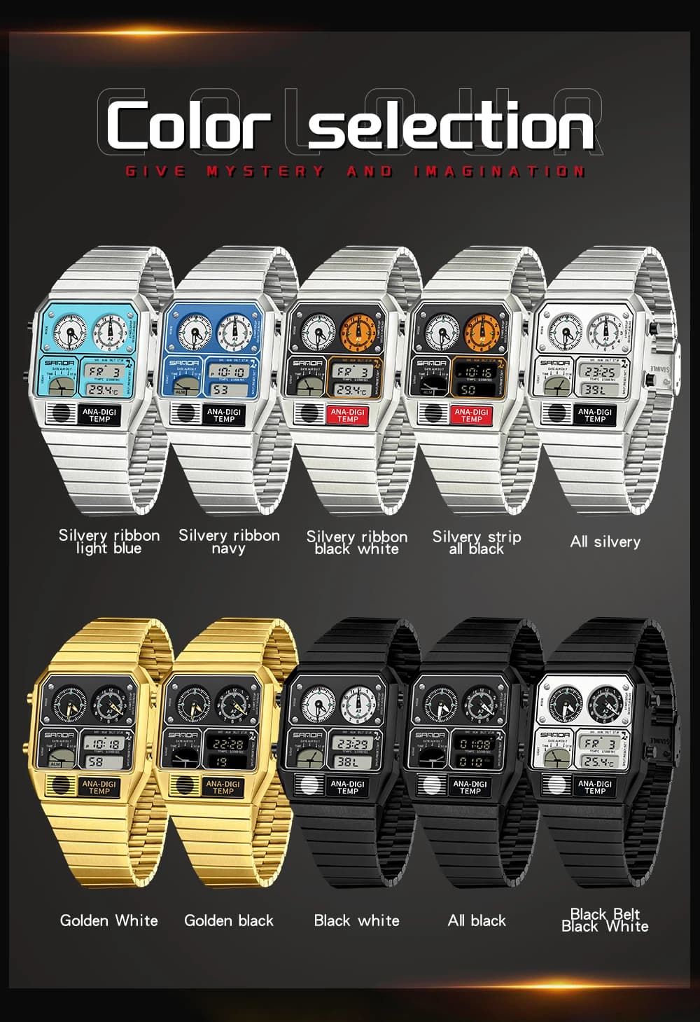 ساعة SANDA الإلكترونية الجديدة 3192 للرجال، شكل مربع، مقاومة للماء، ميزان حرارة LED، كرونوغراف - 6